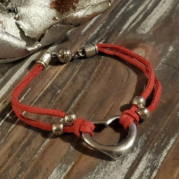 Silver Red Vegan Suede Open Heart Bracelet - Picture 4 of 8